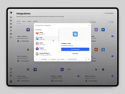 Integrations search — Untitled UI cmd k cmdk command k commandk dialog integrations minimal modal pop up popup product design search search bar search menu searchbar ui design user interface