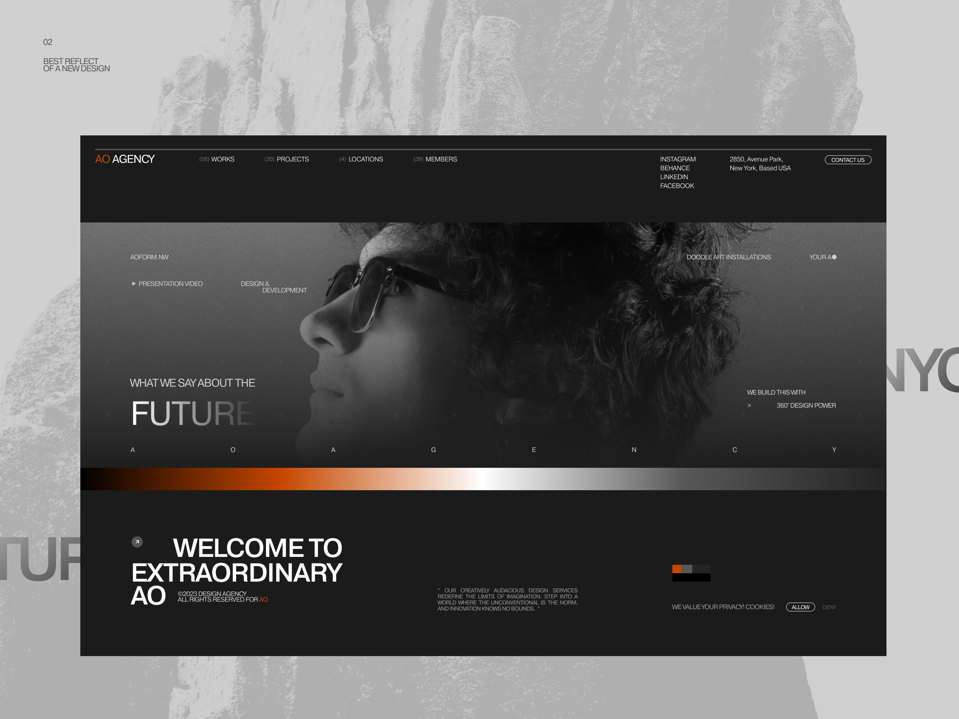 AO AGENCY - Landing Page Design for Website agency art branding contact us dark design graphic design grey landing landing page nyc showcase team ui user interface ux web website works