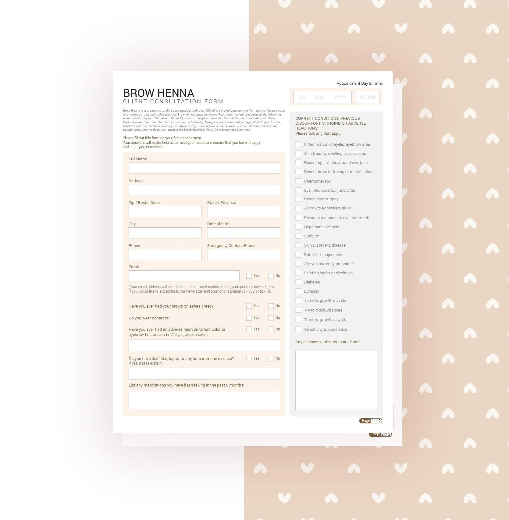 Brow Henna Client consultation form beauty enhancement consultation brow henna application brow henna application forms brow henna consultation forms brow henna technician business eyebrow henna consent forms