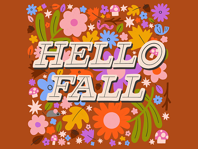 Hello Fall autumn cute fall floral flowers illustration leaves lettering typography