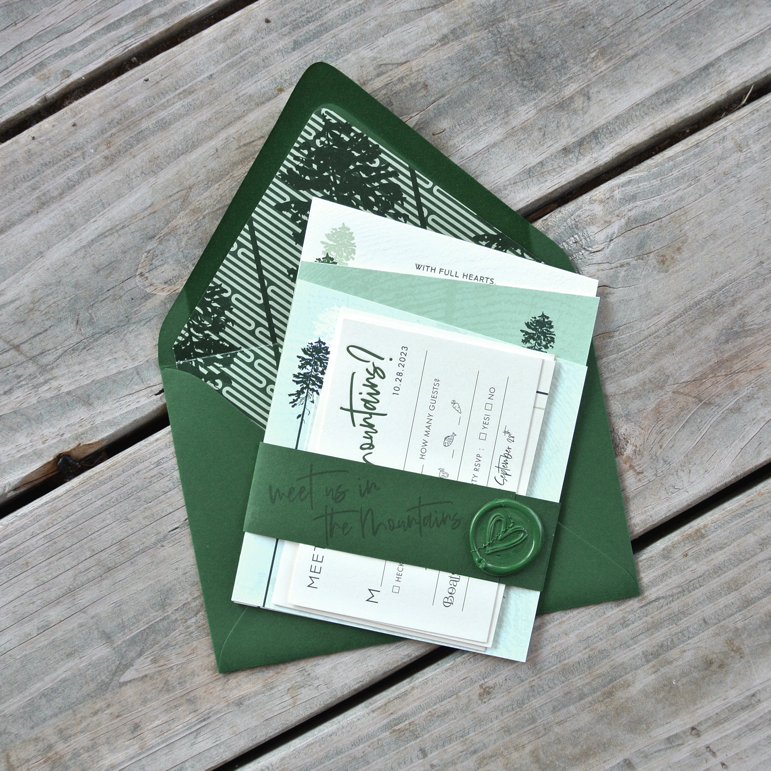 Shades of Green Wedding Suite graphic design letterpress wedding suite wax seal wedding announcements
