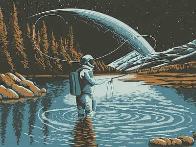 Space Fishing astronaut fly fishing halftone illustration montana space texture vector
