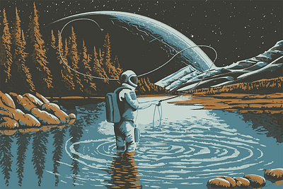 Fly Fishing Astronaut astronaut fly fishing halftone illustration montana space texture vector