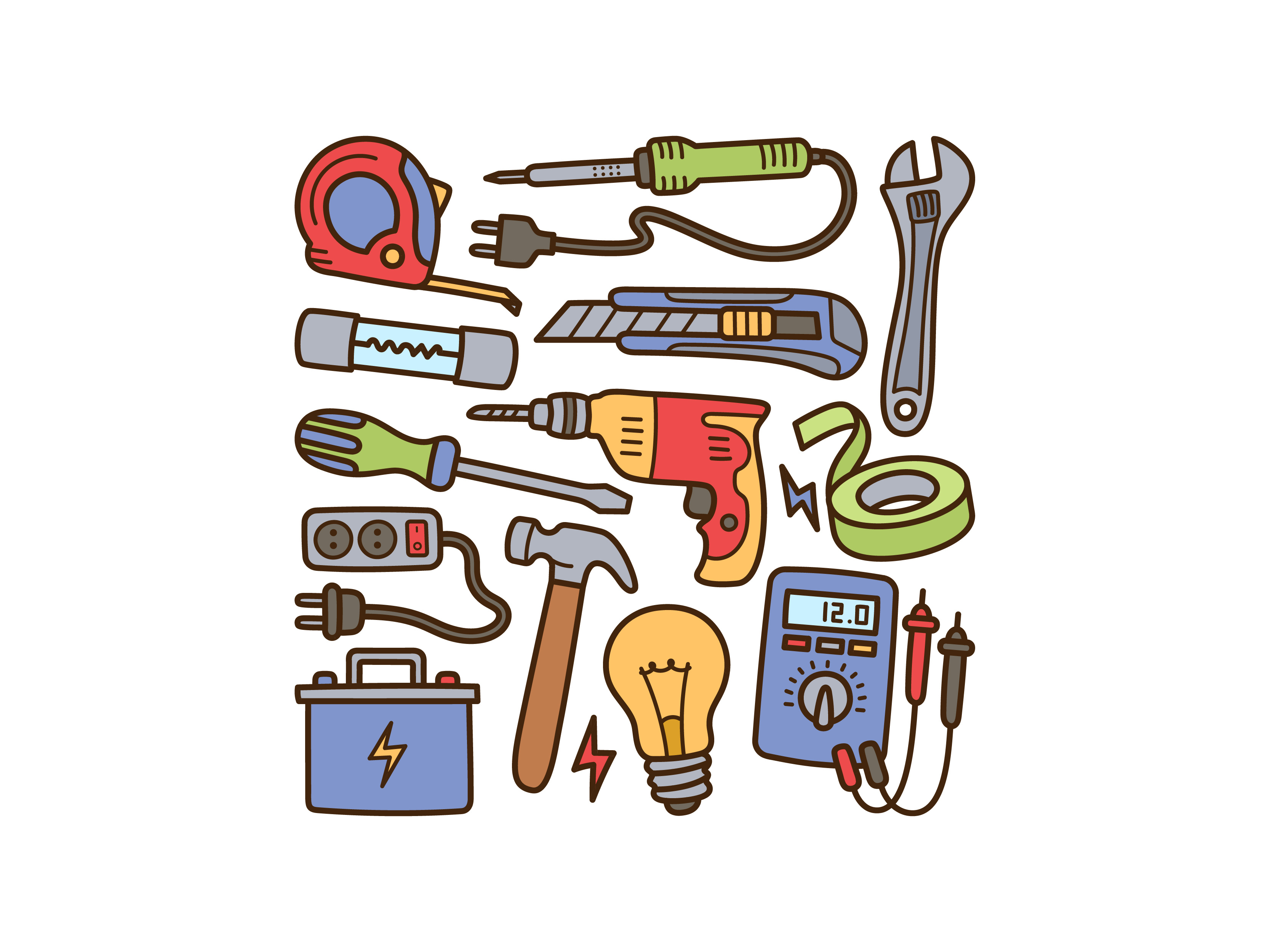 Electric Tool Handdrawn accu cute doodle grillmachine illustration multimeter vector