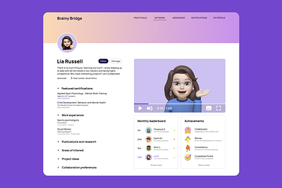 Profile page of an educational social meadia platform branding cards design graphic design illustration player profile ui ux video webapp website