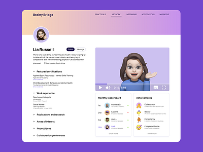 Profile page of an educational social meadia platform branding cards design graphic design illustration player profile ui ux video webapp website