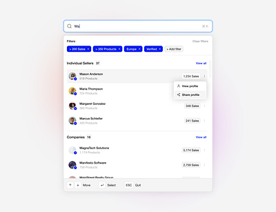 Search - CRM and Sales Tools clean clear crm dailyui design dropdown field figma filters flat minimal options results sales search tags ui users ux web