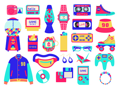 Set of 90's items 20s branding clothes design development electronics graphic design items 90s jacket lava lamp motion graphics nostalgia rarity set sneakers stickers watches