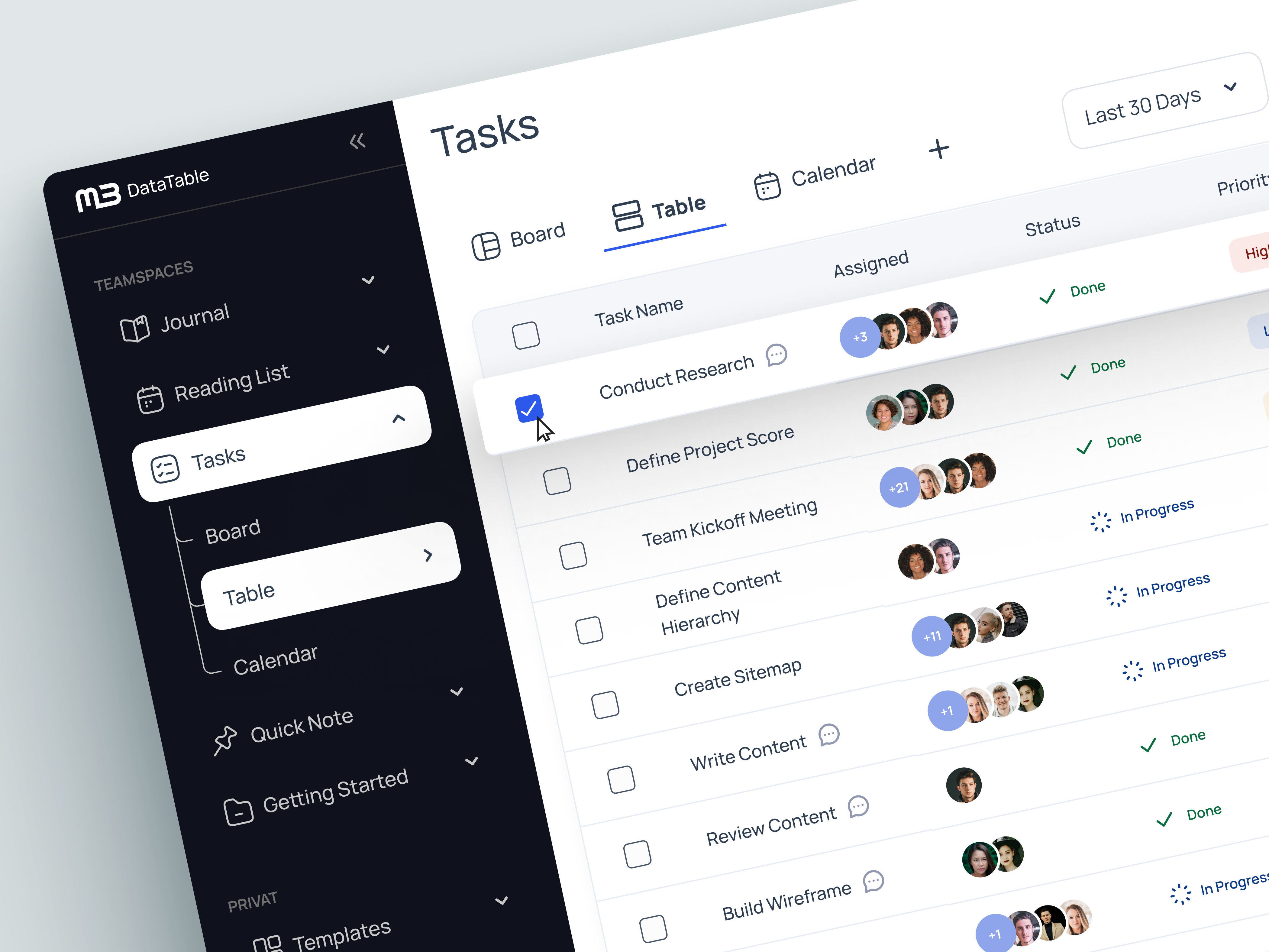Example of Table for creating and recording tasks