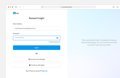Log in screen for a therapy web app blue clean log in minimalistic