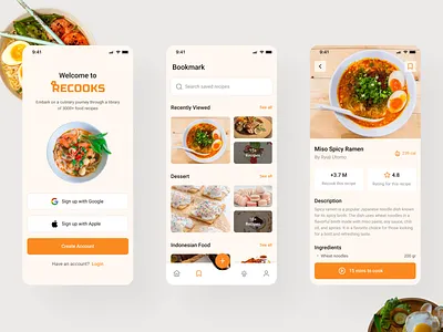 Recooks - Culinary Recipes Mobile App clean design culinary culinary app culinary app design culinary recipe culinary recipes design food app food app design mobile app orange recipe recipes simple design ui ui design ui ux ux ux design ux ui
