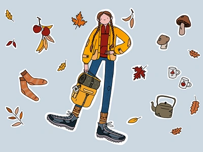 Fall season character illustration autumn camping cartoon cartoon character character character design character illustration digital illustration fall fall illustration girl hiking illustration stickers