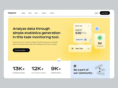 Magazine home page concept concept design flat hero home landing layo onboarding page statistic studio ui ux website