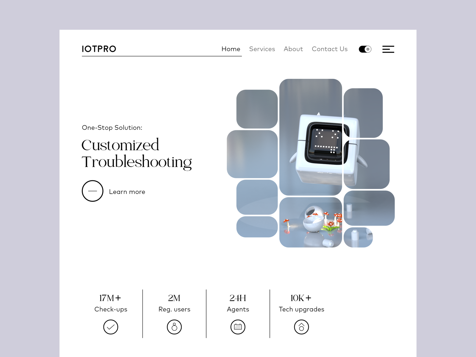 Technicians' service 🧑‍💻 - landing page 3d render 3d robot cloud collage landing page minimalism negative space security start up startup troubleshooting ui ux web webdesign white space