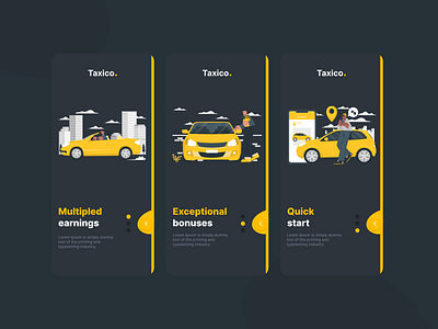 Taxico Cab Booking Mobile UI accountcreation appdesign apponboarding apptutorial appwalkthrough design gettingstarted graphic design loginscreen mobileapp mobileinterface onboarding signupprocess taxiapp taxiservice ui uiuxdesign userinterface welcomescreen