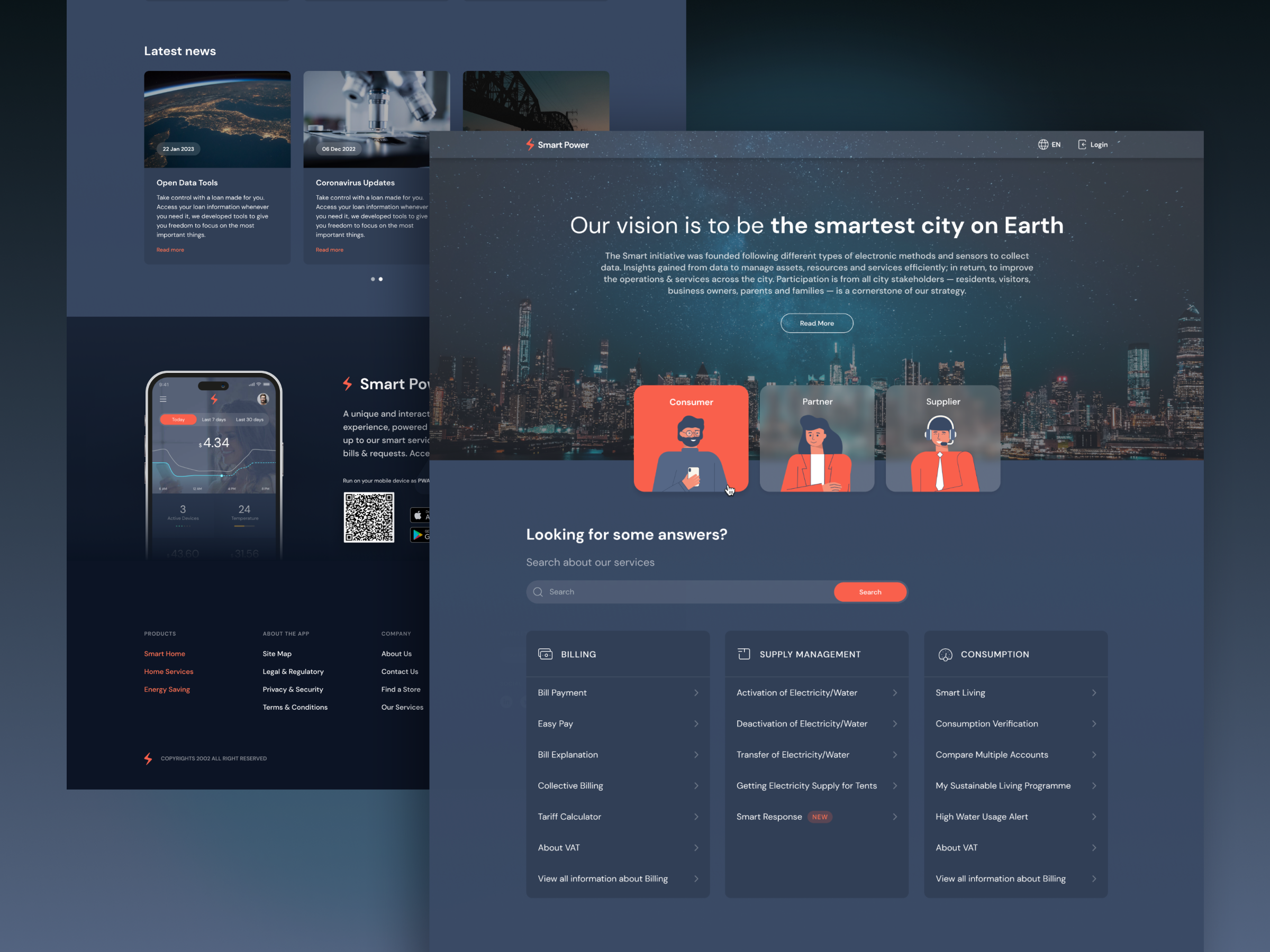 Smart Power App app dark mode dark ui dashboard design energy landing page mobile outsystems responsive ui ux web design