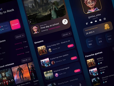 Gaming Mobile app app design clean design csgo diablo discord dota2 fortnite gaming community gaming mobile app harry potter jedi mobile app mobile ui spiderman starwars streaming twitch ui design withcer youtube