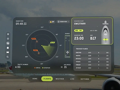 Air traffic control - Vision Pro air traffic control airport animation apple ar chart dashboard dubaiexpo flight flight details ios17 landing page radar statistics take off terrain view tower control ui vision pro vr