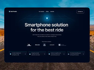 Safe Predict - Smartphone solution for the best ride auto bike blue branding car color dark design landing landing page minimalism ui ux web