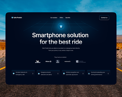 Safe Predict - Smartphone solution for the best ride auto bike blue branding car color dark design landing landing page minimalism ui ux web