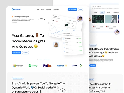 Brandtrack - Social Media Analytic Landing Page 📊 ads analytic analytics platform audiance chart growth impression instagram management optimization reporting sass sass landing page social social media tracker ui web design