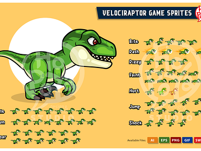 Velociraptor Game Sprites 2d animated assets cartoon character design dinosaur games graphic illustration side scroller sprites templates vector