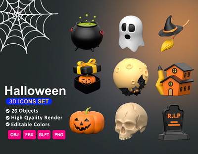 Halloween 3D Icon Set cauldron ghost halloween gift haunted house jack o lantern rip skull