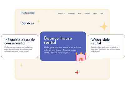 Party Planning Website | Party Equipment Rental Marketplace animated animation app bounce houses cards colotful concept dailyui design desktop fun illustration inspiration party party equipment party planning services ui web design website