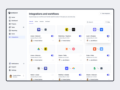 Integrations and workflows — Untitled UI apps cards dashboard filters integration page integrations nav preferences product design settings settings page ui design user interface user interface design ux design