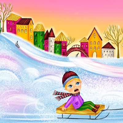 Kai blue eyes book book illustration boy character childrens illustration fairy tale hat house ice illustration motion graphics scarf sky sled snow tree winter
