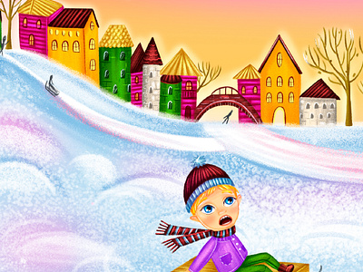 Kai blue eyes book book illustration boy character childrens illustration fairy tale hat house ice illustration motion graphics scarf sky sled snow tree winter