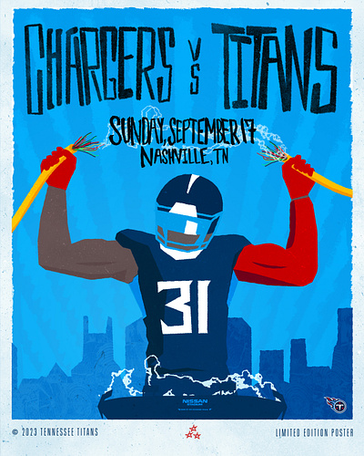 Chargers Vs. Titans Week 2 Gameday Poster - Tennessee Titans color design graphic design hand lettering illustration kelly church nashville nfl photoshop poster procreate tennessee texture titans vector