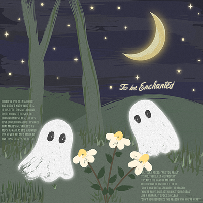 Two ghosts in To be Enchanted by Sleeping at Last 2d animation flower ghost graphic design halloween illustration lyrics moon night sky sleeping at last song spooky stars