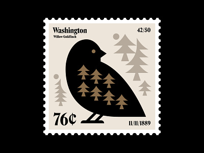 Washington Stamp alpine bird finch forest goldfinch icon illustration logo nature pine pnw postage spruce stamp symbol trees typography usps washington willow
