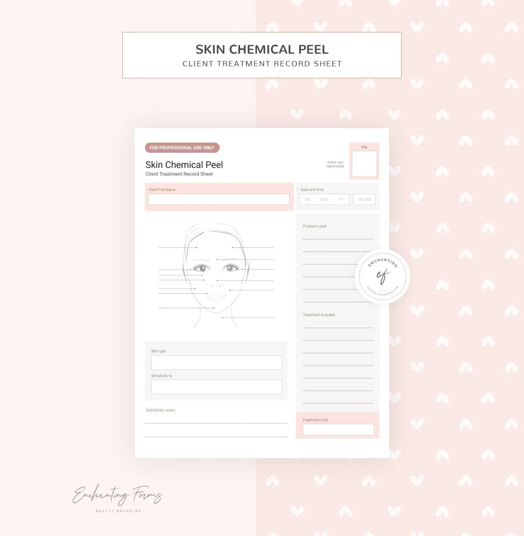 Skin Chemical Peel Treatment Record Sheet chemical peel client history chemical peel consultation client intake dermatological peel facial peel records skin chemical peel treatment skin rejuvenation treatment