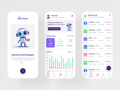 (BotSync) Chat Bot Automation Integration Apps UI android apps automation business chatbot clean commerce design designer hire ios minimal mobile purple ui ux