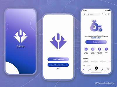 📈 Crypto Wallet Mobile App | DEX.io blue branding crypto cryptocurrency decentralize dex.io finance investment mobile app money mood board purple themilesdesign trading ui violet wallet welcome screen