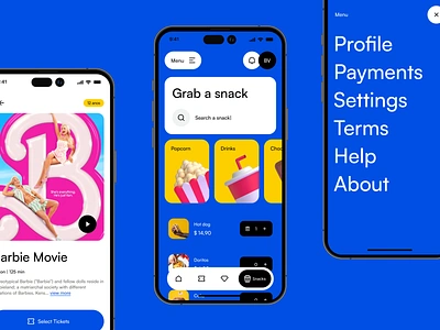Cinema App app buy cinema interface layout menu movie navigation popcorn shop show snack streaming theather ticket ui ux