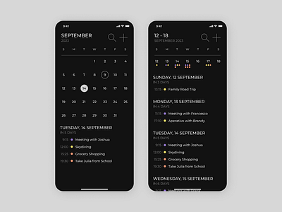 Daily UI #038 - Calendar 2d app branding calendar clean daily ui dark dark mode date day design list minimal mobile modern planning productivity ui usability ux