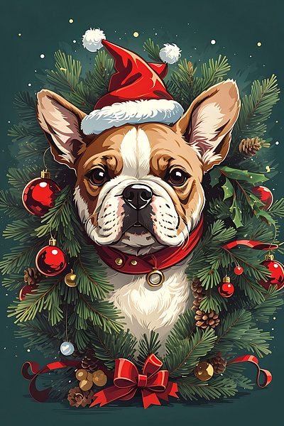 christmas dog wearing a santa claus cap with red bow animation branding bulldog christmas design dog graphic graphic design illustration logo santa claus ui ux vector