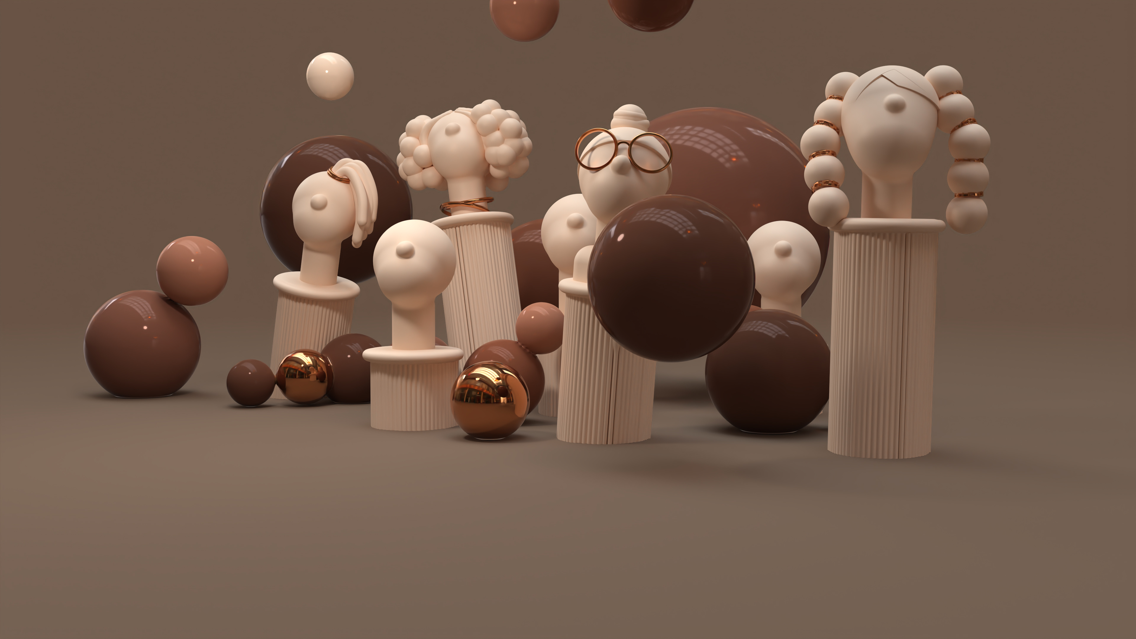 Unruly Black Pillars - Part 2 3d balloons balls brown character cream monotone pillars statues