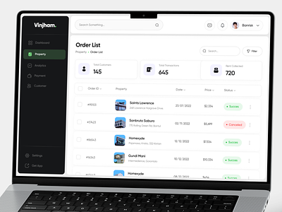 Vinjham - Real Estate Order List Dashboard admin airbnb apartements architecture building dashboard dashboard management home house listing order list property property management real estate residence ui ux web app