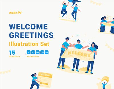 Welcome Greetings Illustration Set business cartoon character empty space flat design friendship graphic design greeting header homepage illustration partnership teammates teamwork ui vector website welcome