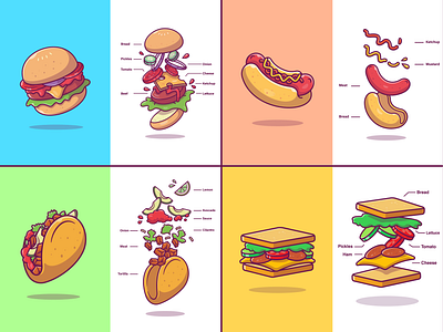 Food Ingredient🥯🍔🌮 bread burger chef cooking doughnut fast food flying food icon illustration ingredient logo menu restaurant sandwich seasoning tacos topping vegetable