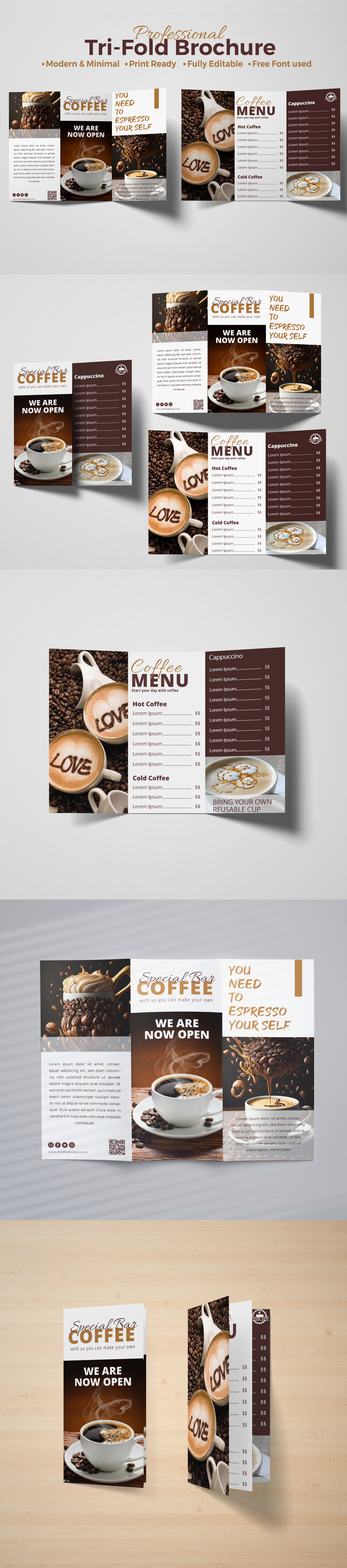 Tri-Fold Coffee Menu ads advertising branding brochure brochure menu brochure template bussiness cafe coffee bar coffee menu design foods graphic design layout leaflet marketing mockups print restaurant trifold design