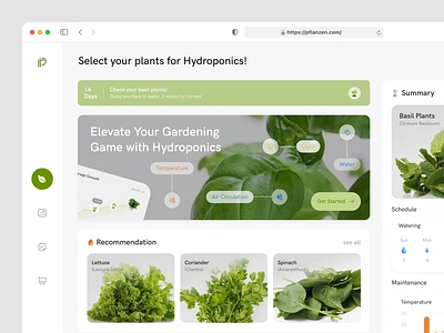 Pflanzen - Hydroponics Dashboard chart clean dashboard farmer flower green ground grow hydroponics maintenance plant plants reminder schedule soil growing statistics summary temperature ui design website