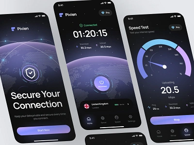 Pivien - VPN App browser connection cyber security dark dark mode dark ui internet security ip mobile privacy product design proxy security system server speed test vpn vpn app vpn mobile vpn proxy vpn world