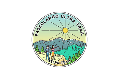 Passolargo Ultra Trail adventure apparel badge brand branding design emblem illustration label landscape line logo monoline mountain nature patch pin retro sticker tshirt