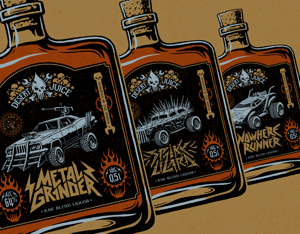 Desert Juice Liquor Packaging alcohol apocalypse art artwork bottle branding car design drawing engraving etching illustration ink label lettering liquor logo mad max packaging post apocalyptic