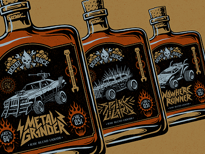 Desert Juice Liquor Packaging alcohol apocalypse art artwork bottle branding car design drawing engraving etching illustration ink label lettering liquor logo mad max packaging post apocalyptic